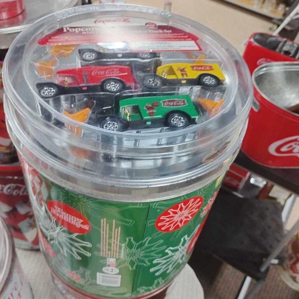 COCA COLA POPCORN TIN W/ TRUCK SET