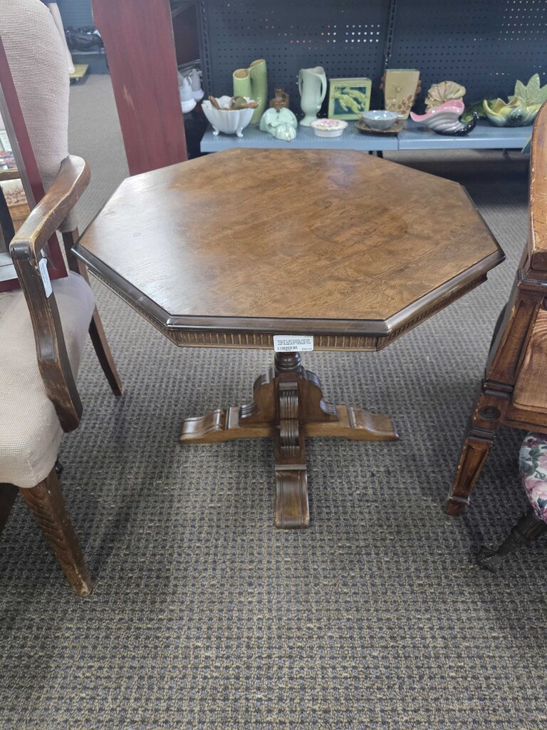WALNUT OCTAGON CENTER TABLE WITH BANDED INLAY AND SUNBURST VENEER TOP