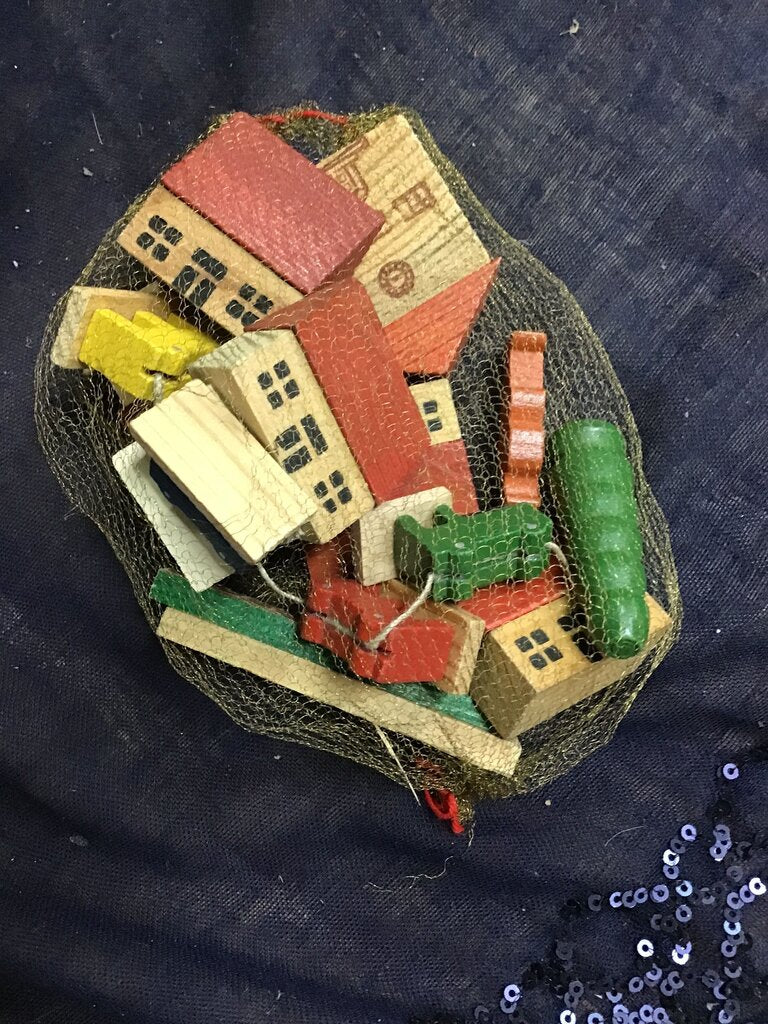 Vintage German wooden toy village set with hand painted buildings and accessories