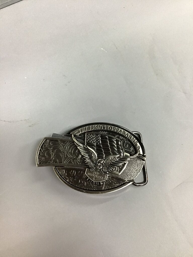 2nd Amendment Eagle and Flag Emblem Belt Buckle with Folding Knife