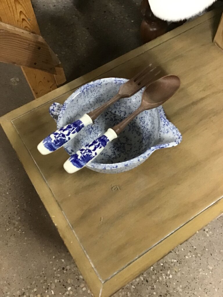 Blue and White Serving Bowl with Wooden Utensils