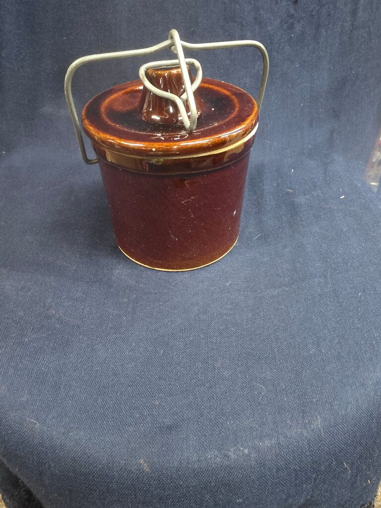Vintage Brown Glazed Ceramic Crock with Metal Handle
