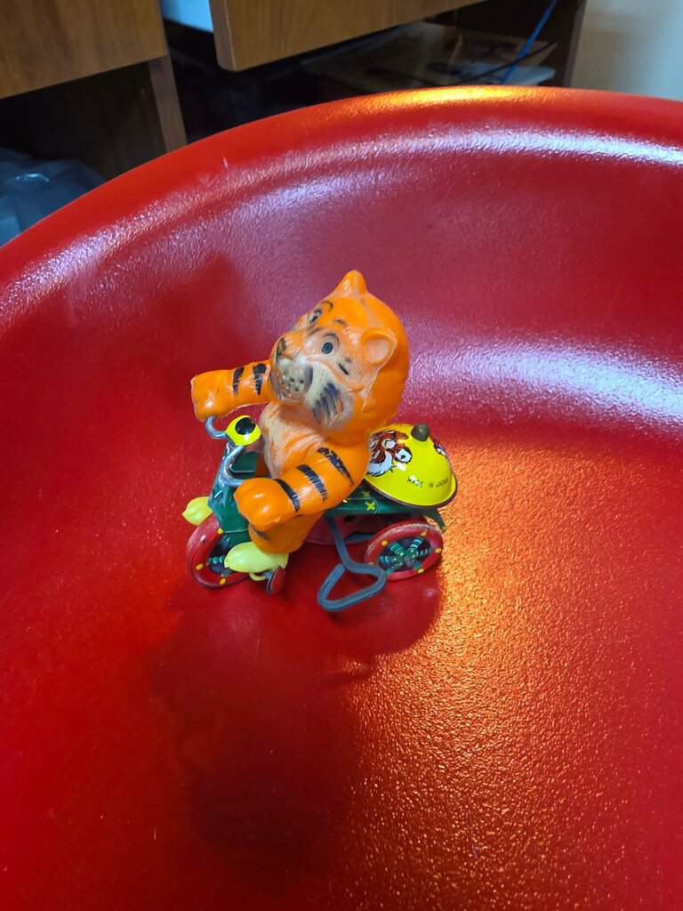 1960s Vintage Marx Win Up Tiger Toy on Bicycle