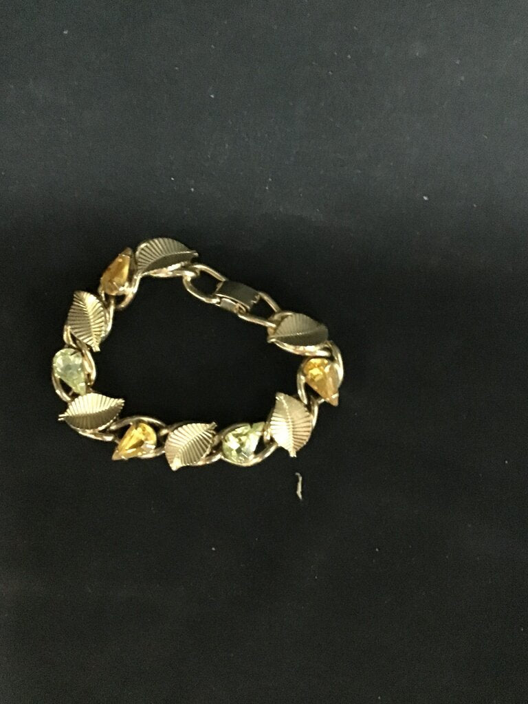 Vintage Gold Leaf Bracelet with Yellow and Green Stones