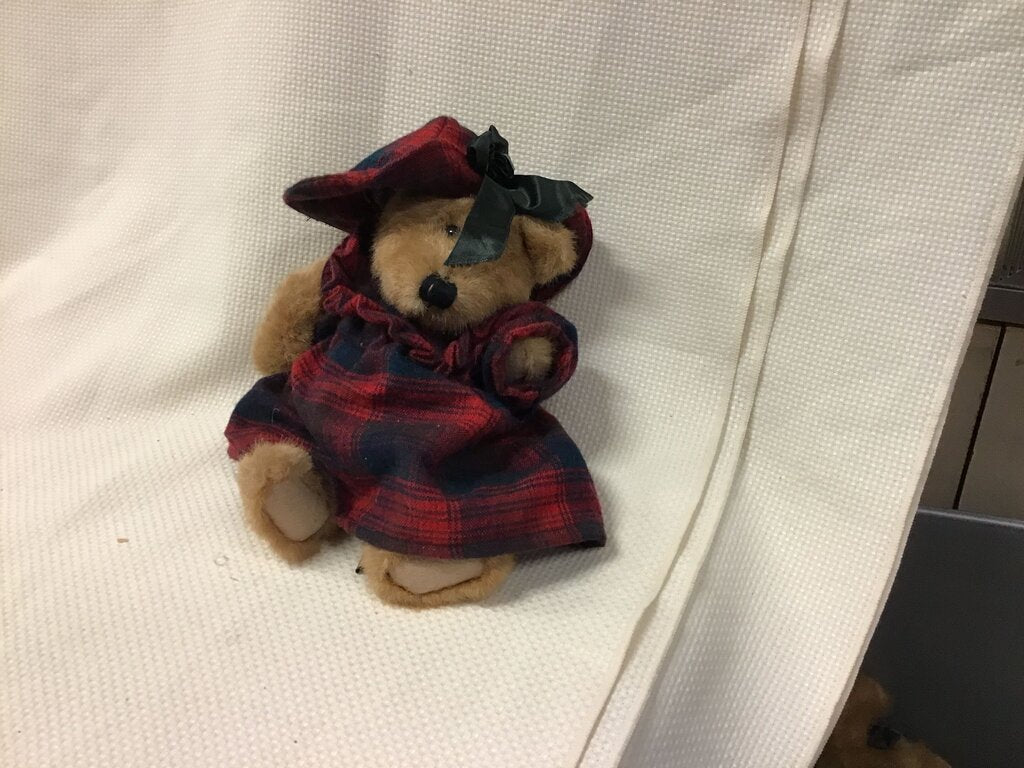Plush Bear in Red Plaid Dress and Hat