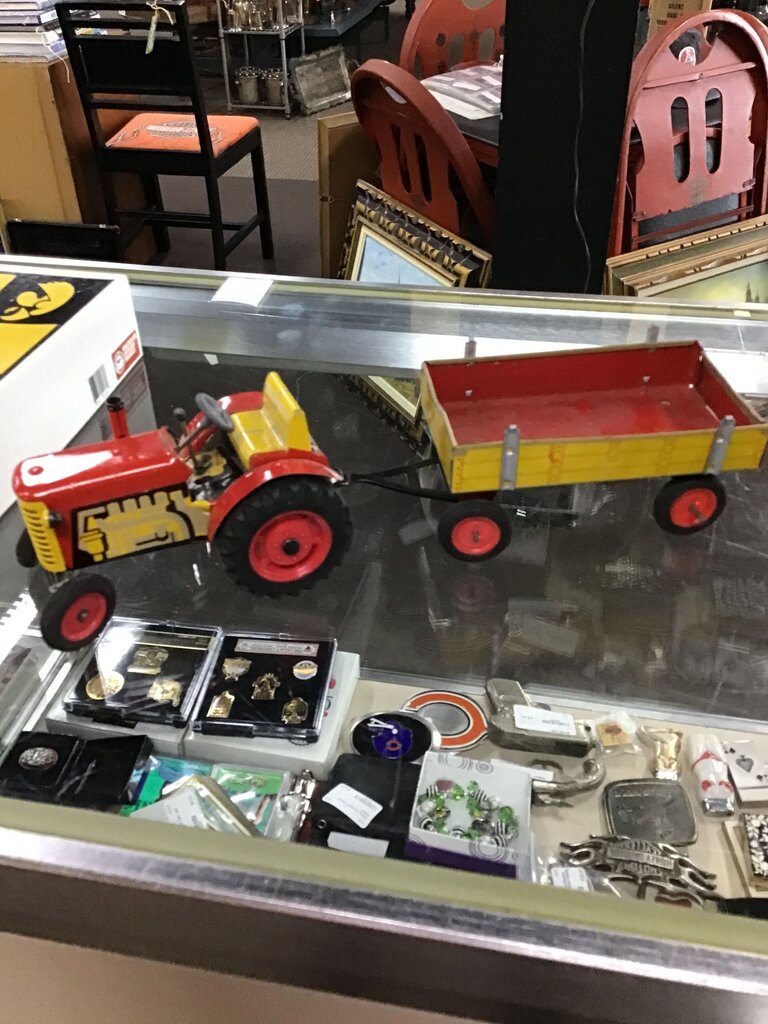 Vintage Red and Yellow Toy Tractor with Wagon