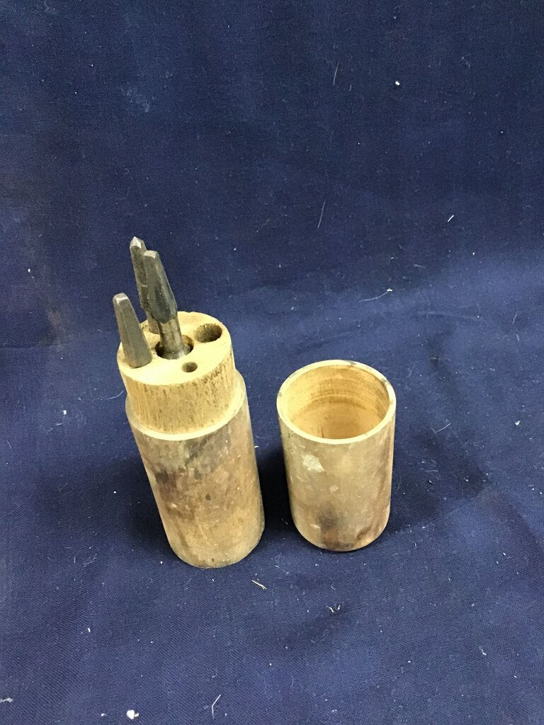 Vintage Cylindrical Wooden Tool Holder w/3 punches