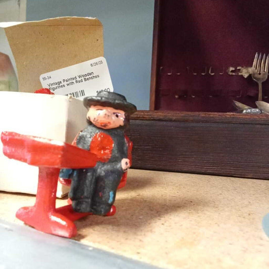 Vintage Painted Wooden Figurines with Red Benches