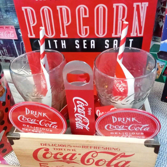 COCA COLA COLLECTABLE GLASS SET W/ WOOD CRATE 2 GLASSES & SEA SALTED POPCORN