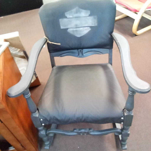 ANTIQUE ROCKING CHAIR UPHOLSTERED BLACK HARLEY FABRIC