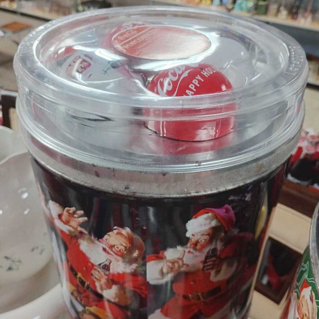 COCA COLA POPCORN TIN W/ COLLECTIBLE ORNAMENTS