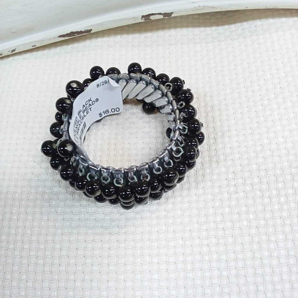 VTG RIVETED BLACK GLASS DANGLE BEADS STRETCH BRACELET