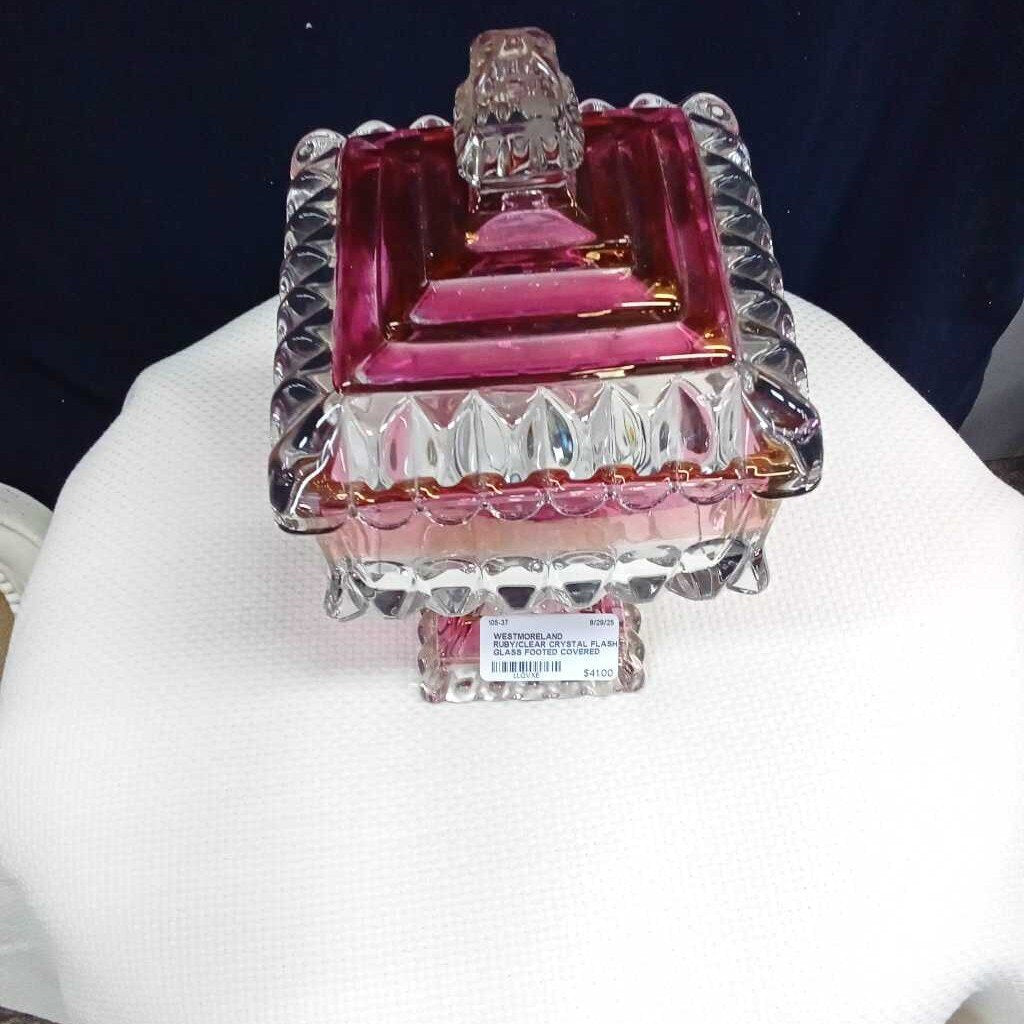 WESTMORELAND RUBY/CLEAR CRYSTAL FLASH GLASS FOOTED COVERED COMPOTE BOWL