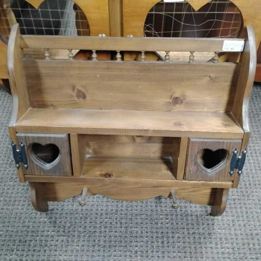 VINTAGE WOOD DISPLAY SHELF WITH 2 DOORS, HOOKS AND HEART ON TWO DOORS