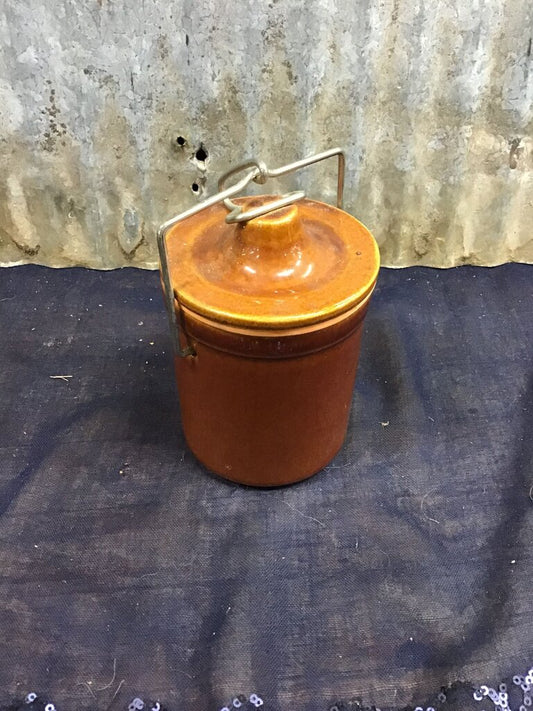 Vintage Stoneware Jar with Metal Handle