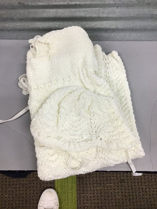 Handmade White Knitted Baby bonnett and sweater set
