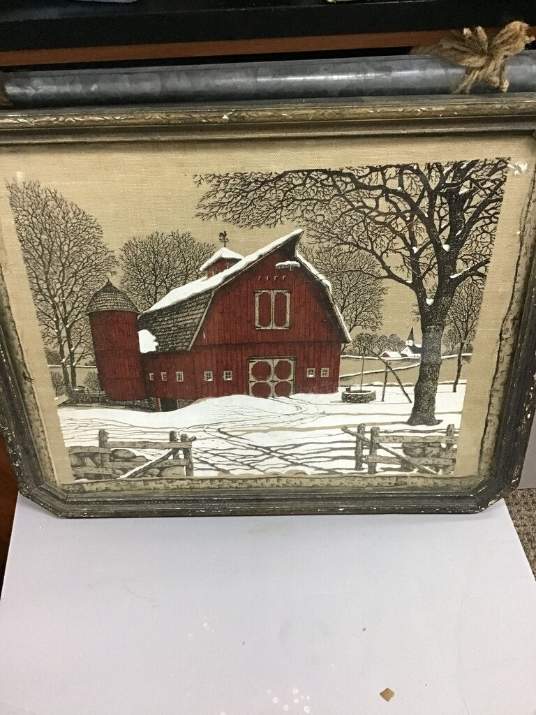 Framed Red Barn Winter Scene Artwork