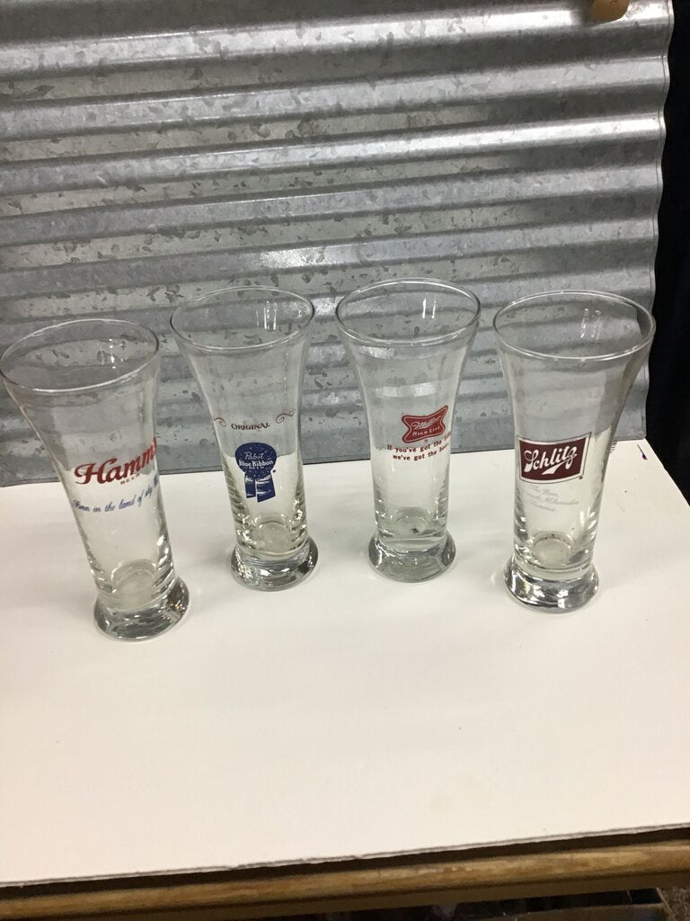 Vintage Beer Pilsner Glasses Set of 4. Hamms, Schlitz, PBR, Miller High Life