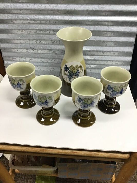 Vintage Grapevine Pattern Ceramic Vase and Goblet Set