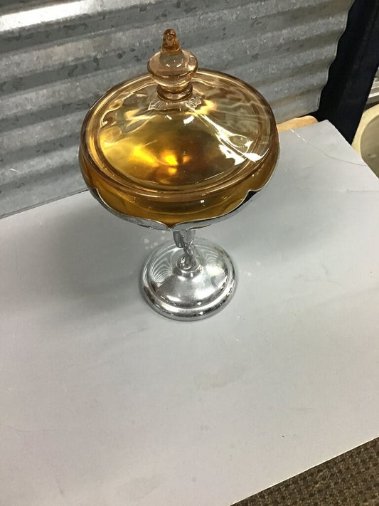 Vintage Amber Glass Compote with Chrome Base