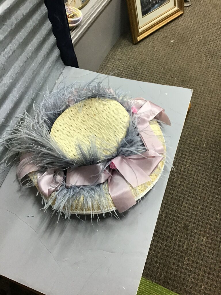 Vintage Straw Hat with Gray Feathers and Pink Ribbon