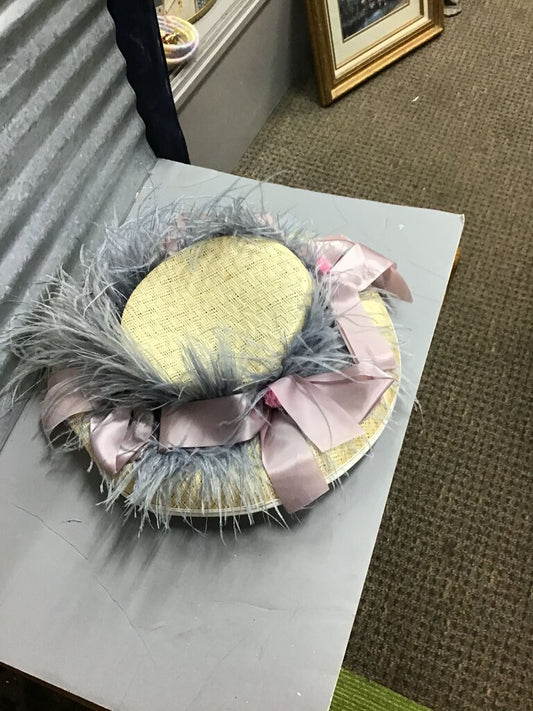 Vintage Straw Hat with Gray Feathers and Pink Ribbon