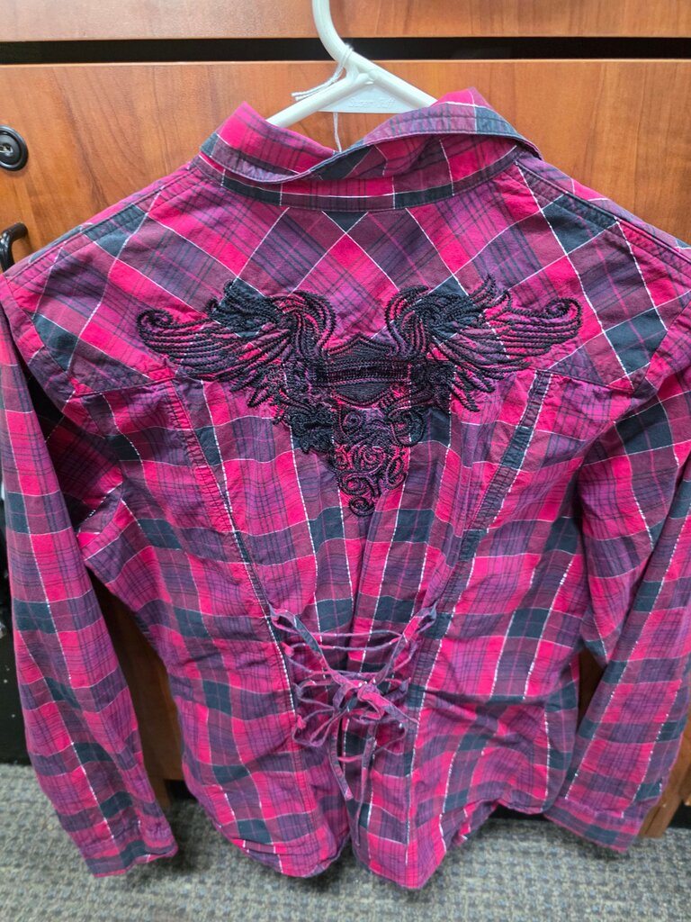 Women's Pink and Black Plaid Button-Up Shirt