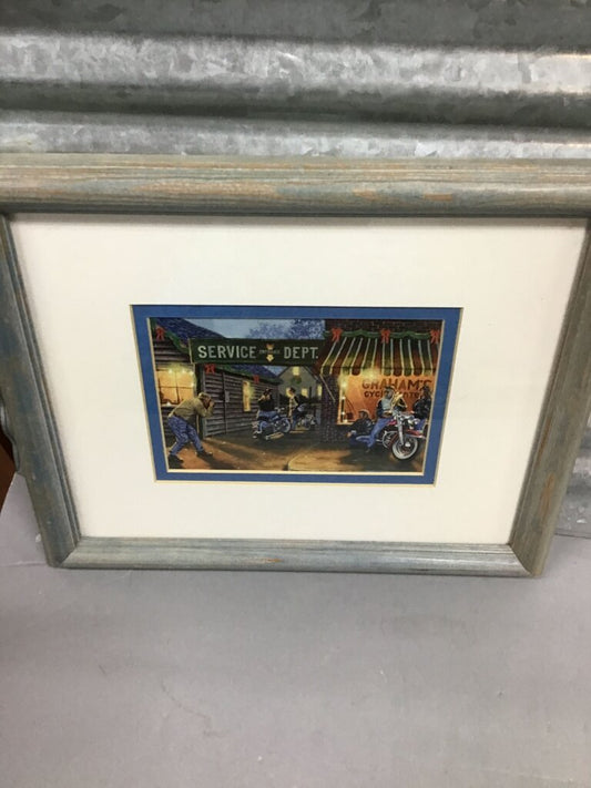 Framed Artwork of Motorcycles in Service Department