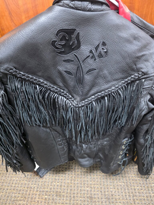 VINTAGE GENUINE LEATHER WOMANS JACKET WITH ZIP OUT LINING WITH FRINGE
