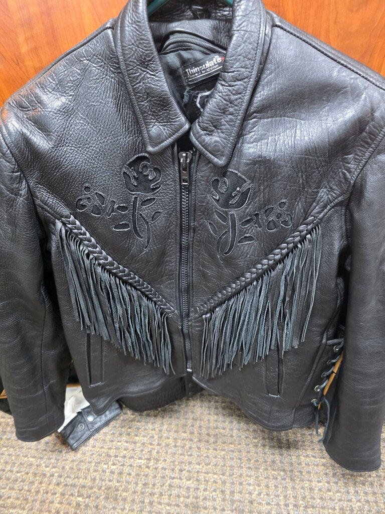 VINTAGE GENUINE LEATHER WOMANS JACKET WITH ZIP OUT LINING WITH FRINGE