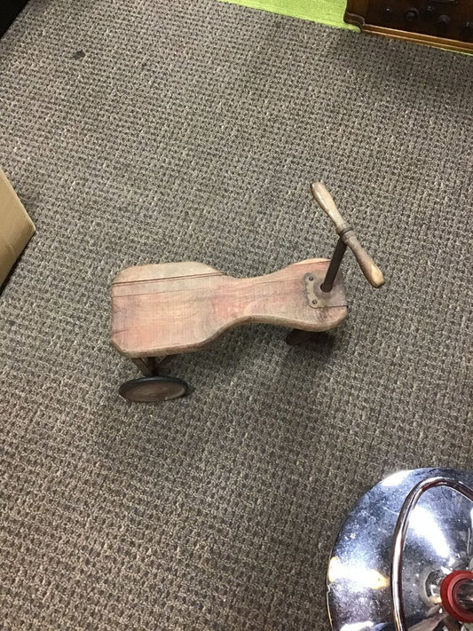 Vintage Wooden ride on toy scooter with metal wheels