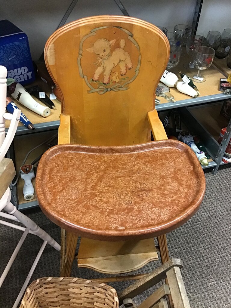 Vintage Wooden High Chair with Lamb Design