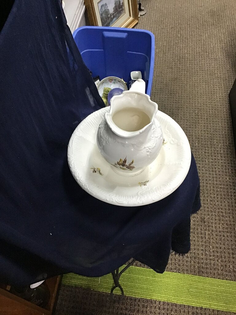 Vintage White Ceramic Pitcher with Plate