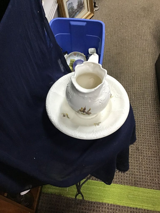 Vintage White Ceramic Pitcher with Plate