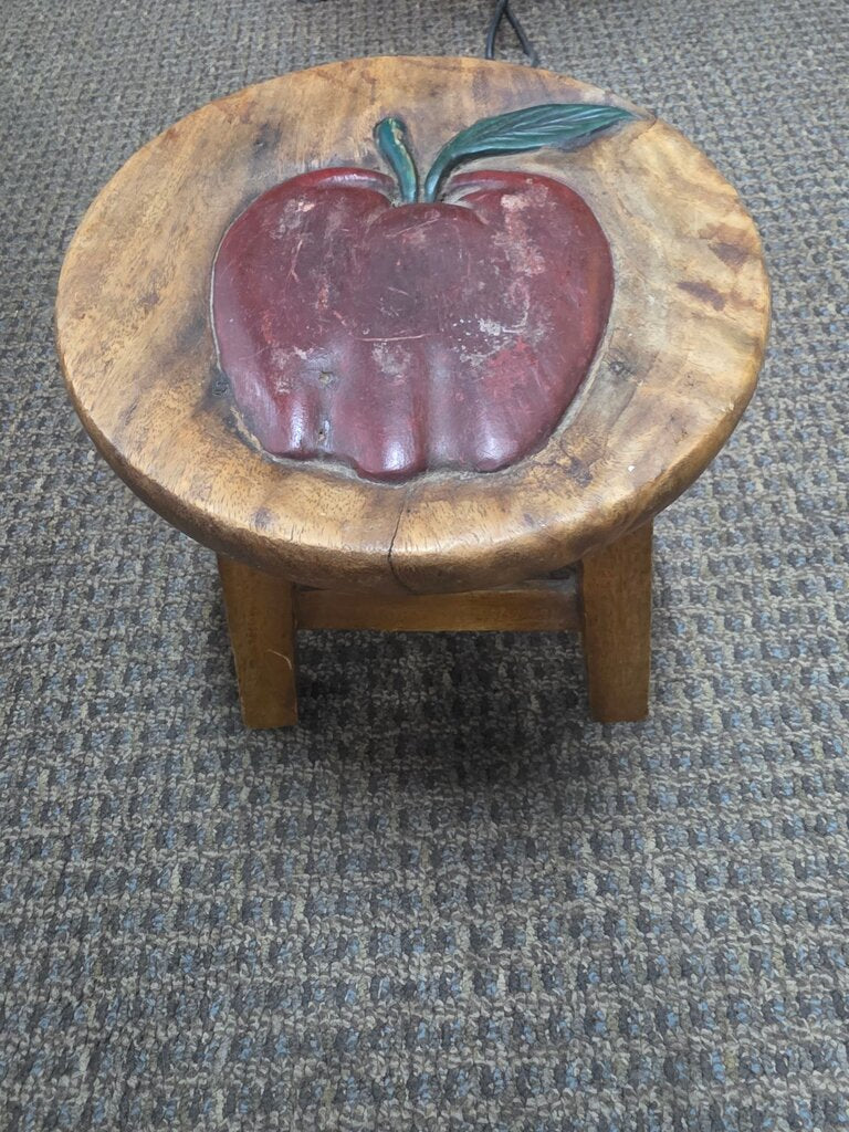 Vintage Wooden Stool with Apple Design