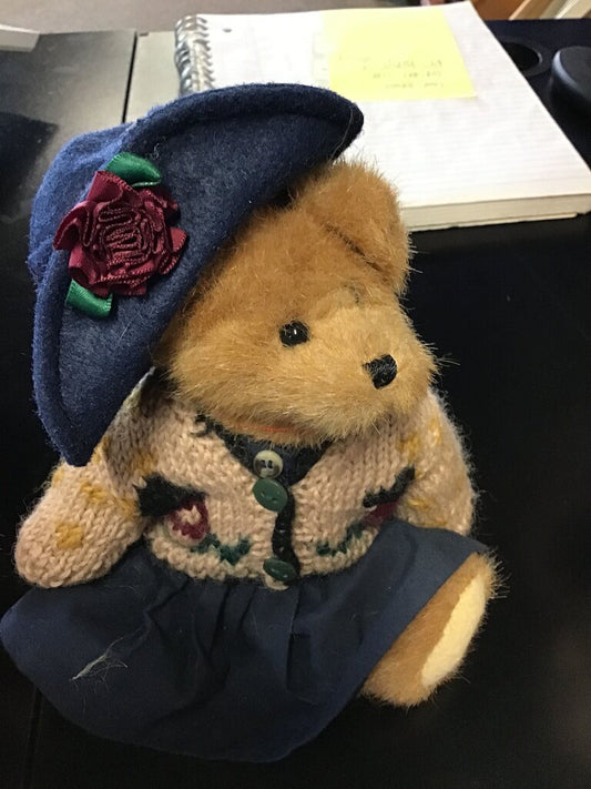 Vintage Knit Bear in Blue Dress and Hat