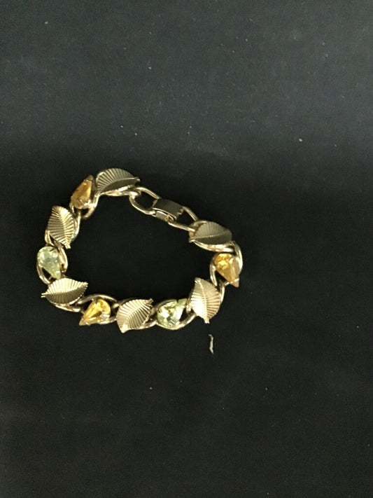 Vintage Gold Leaf Bracelet with Yellow and Green Stones