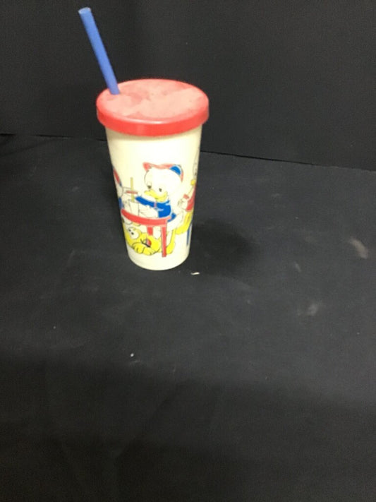 Vintage Children's Cup with Red Lid and Straw