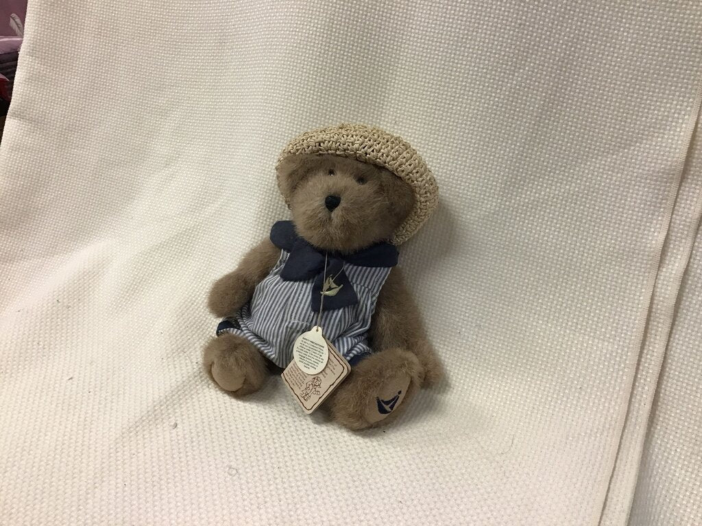 Stuffed Bear in Striped Overalls with Hat