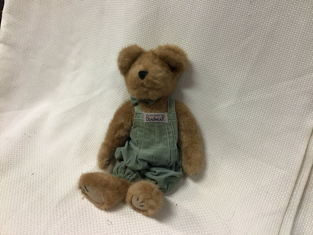 Brown Plush Bear in Green Overalls