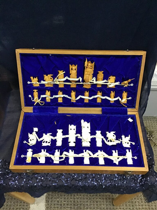 Vintage RARE Wood Chess Set with Carved Figures