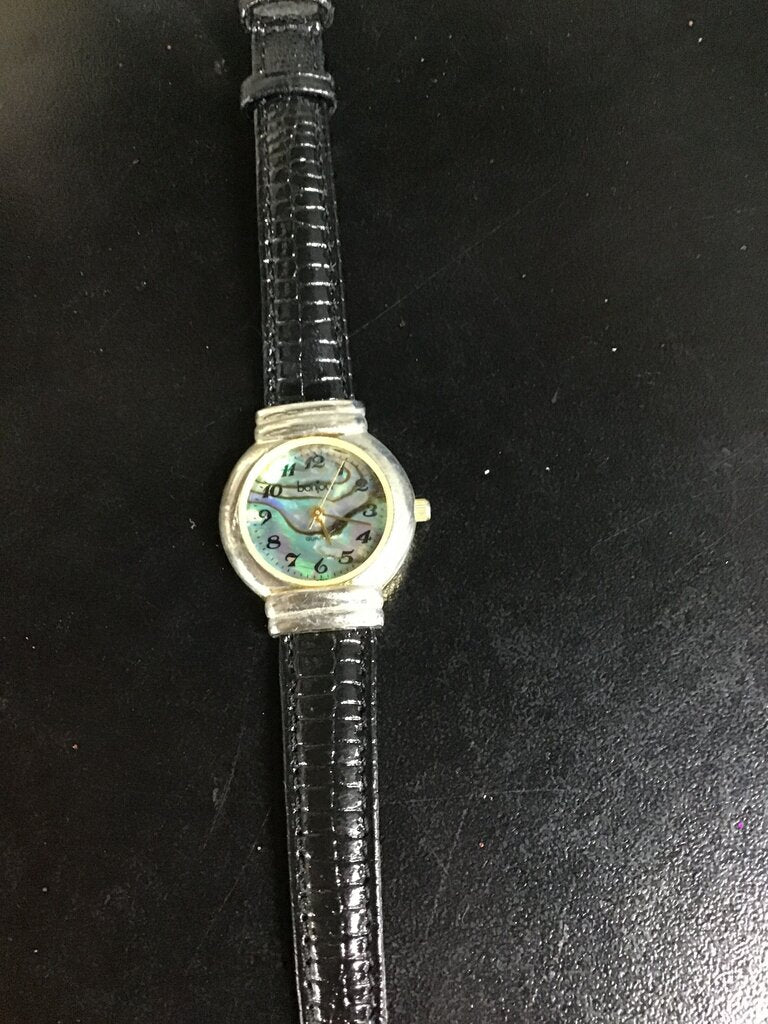 Women's Black Leather Strap Watch with Colorful Dial