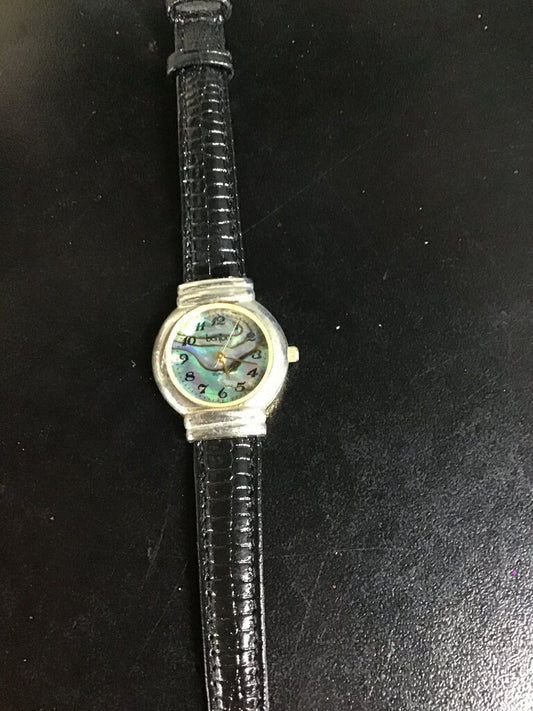 Women's Black Leather Strap Watch with Colorful Dial