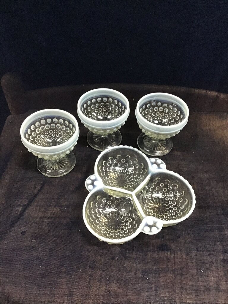 Set of three Vintage Moonstone Hobnail Sherbet glasses with relish Tray